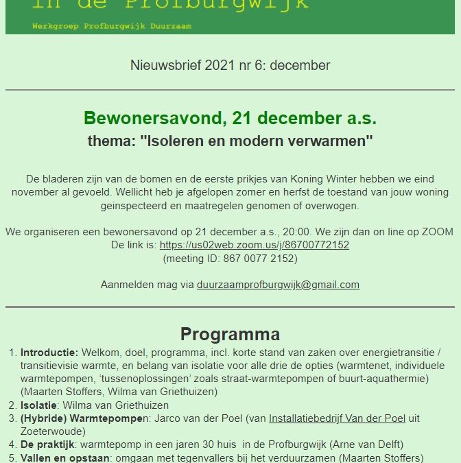 Nieuwsbrief Duurzaam Profburgwijk december 2021